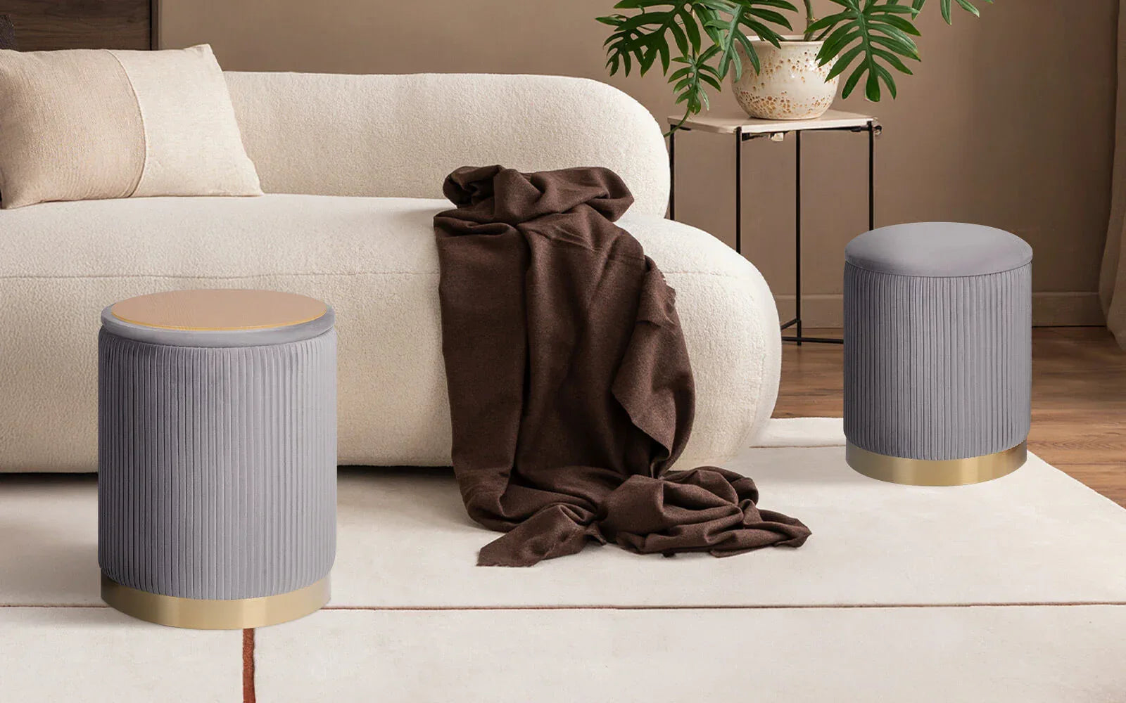 2X Side Table Storage Ottoman - Velvet Stool MIRA Grey - Mekamart Australia