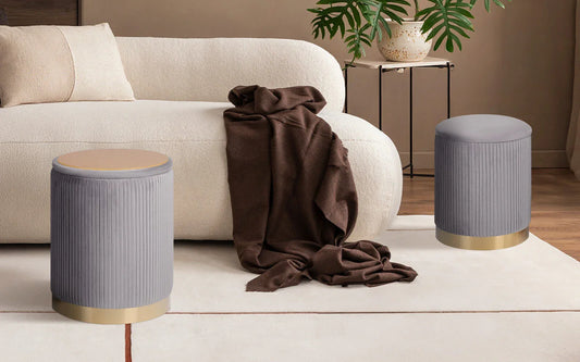 2X Side Table Storage Ottoman - Velvet Stool MIRA Grey - Mekamart Australia
