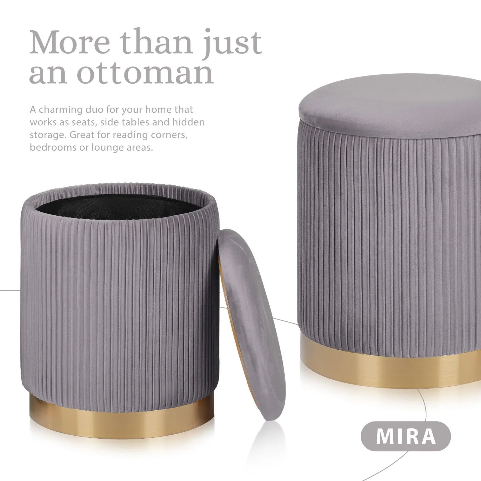 2X Side Table Storage Ottoman - Velvet Stool MIRA Grey - Mekamart Australia