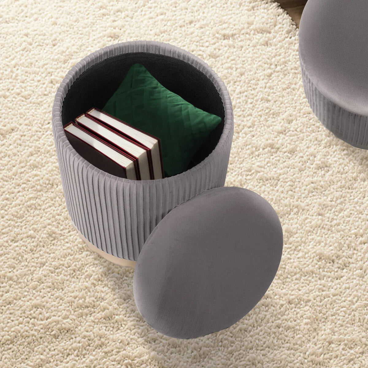 2X Side Table Storage Ottoman - Velvet Stool MIRA Grey - Mekamart Australia
