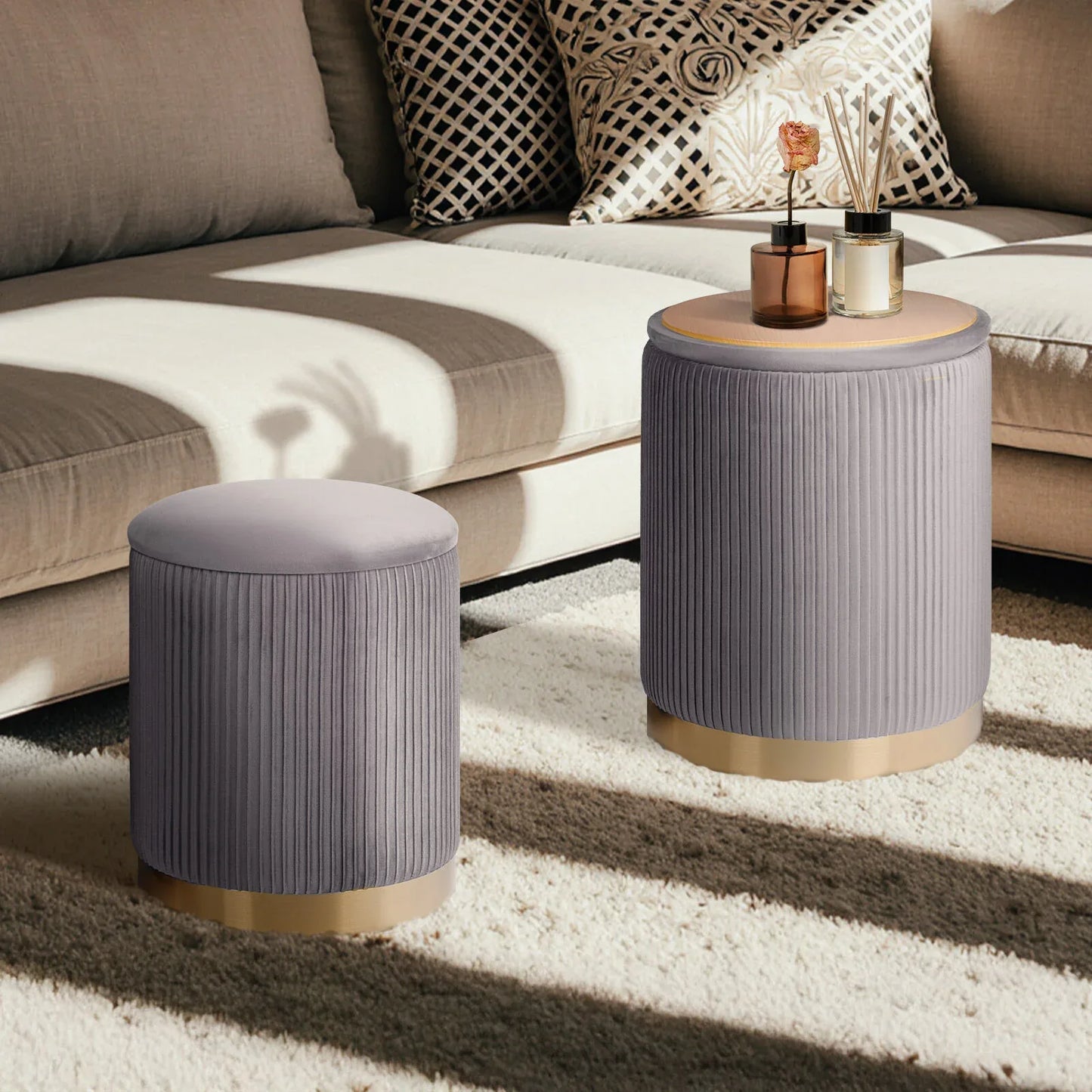 2X Side Table Storage Ottoman - Velvet Stool MIRA Grey - Mekamart Australia