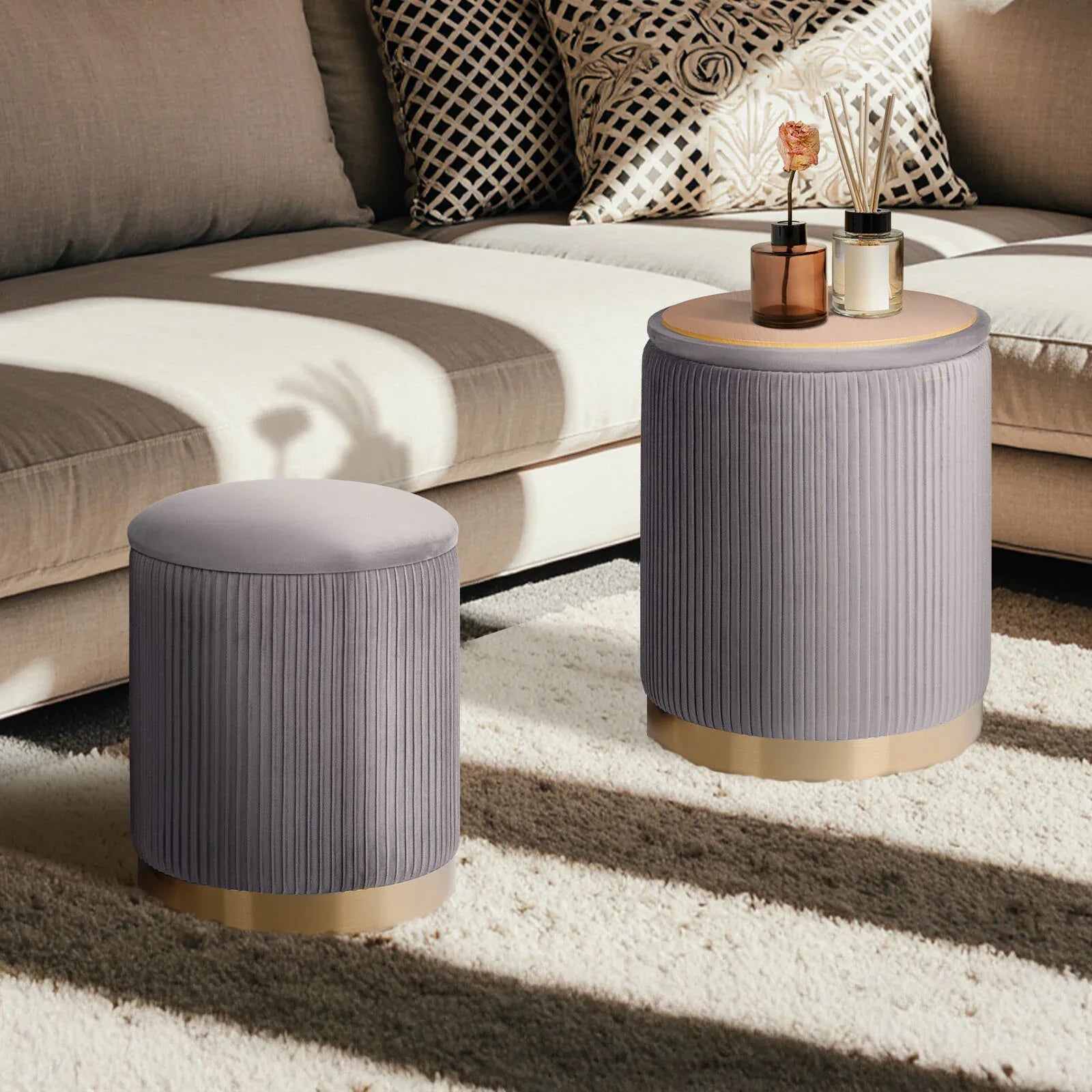 2X Side Table Storage Ottoman - Velvet Stool MIRA Grey - Mekamart Australia