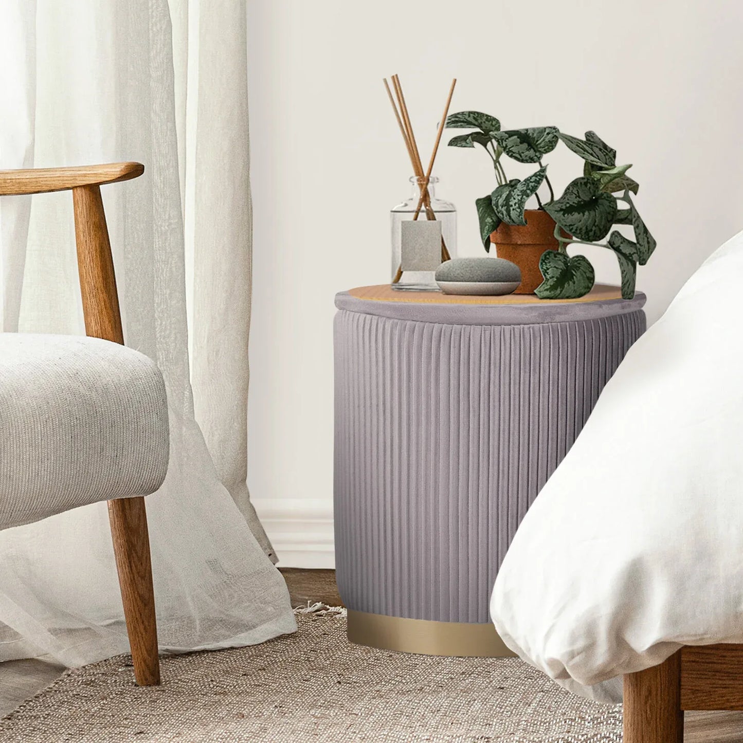 2X Side Table Storage Ottoman - Velvet Stool MIRA Grey - Mekamart Australia