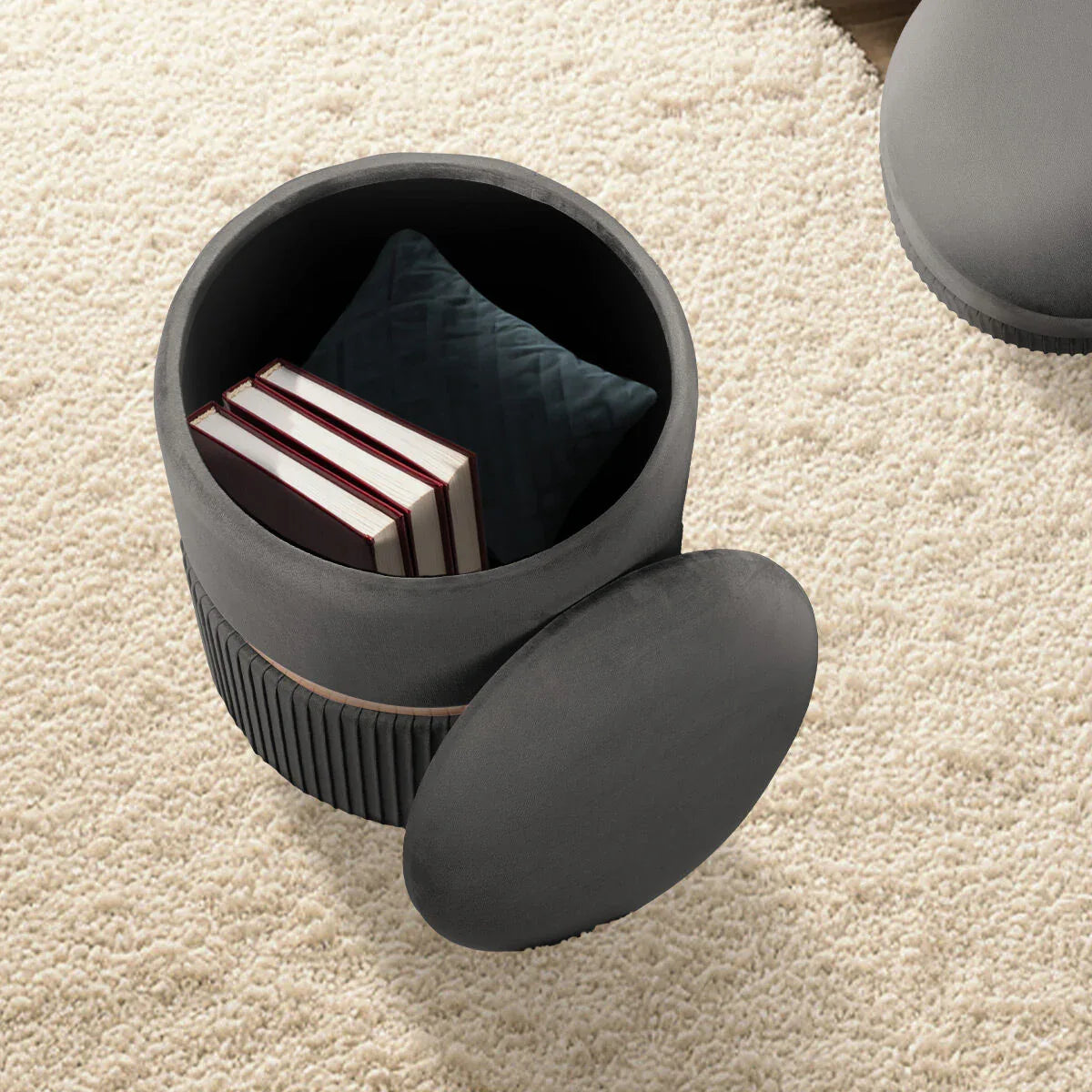 2X Side Table Storage Ottoman - Velvet Padded Stool Vanity Footstool REMI GREY - Mekamart Australia