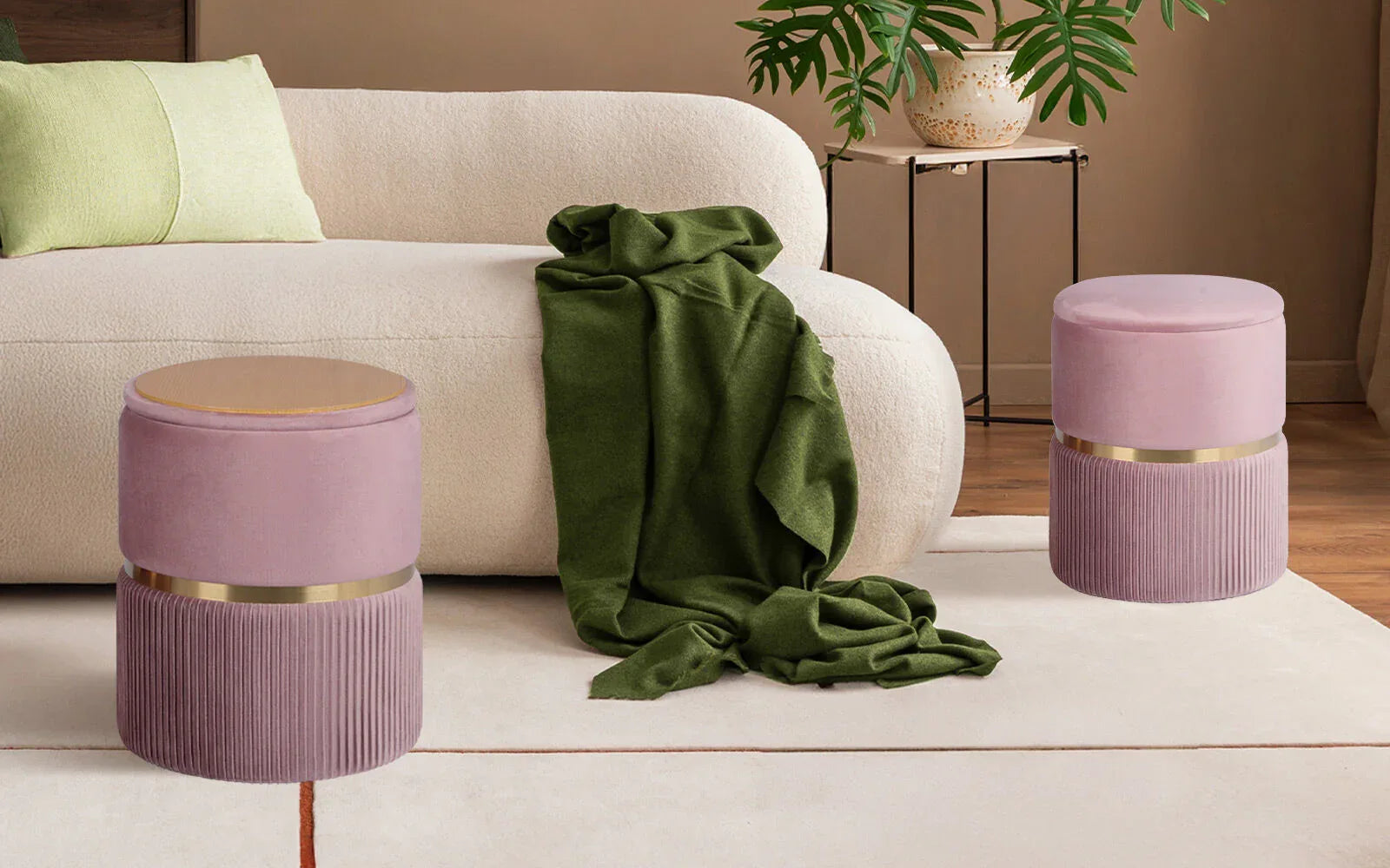 2X Side Table Storage Ottoman - Velvet Padded Stool Vanity Footstool REMI Pink - Mekamart Australia