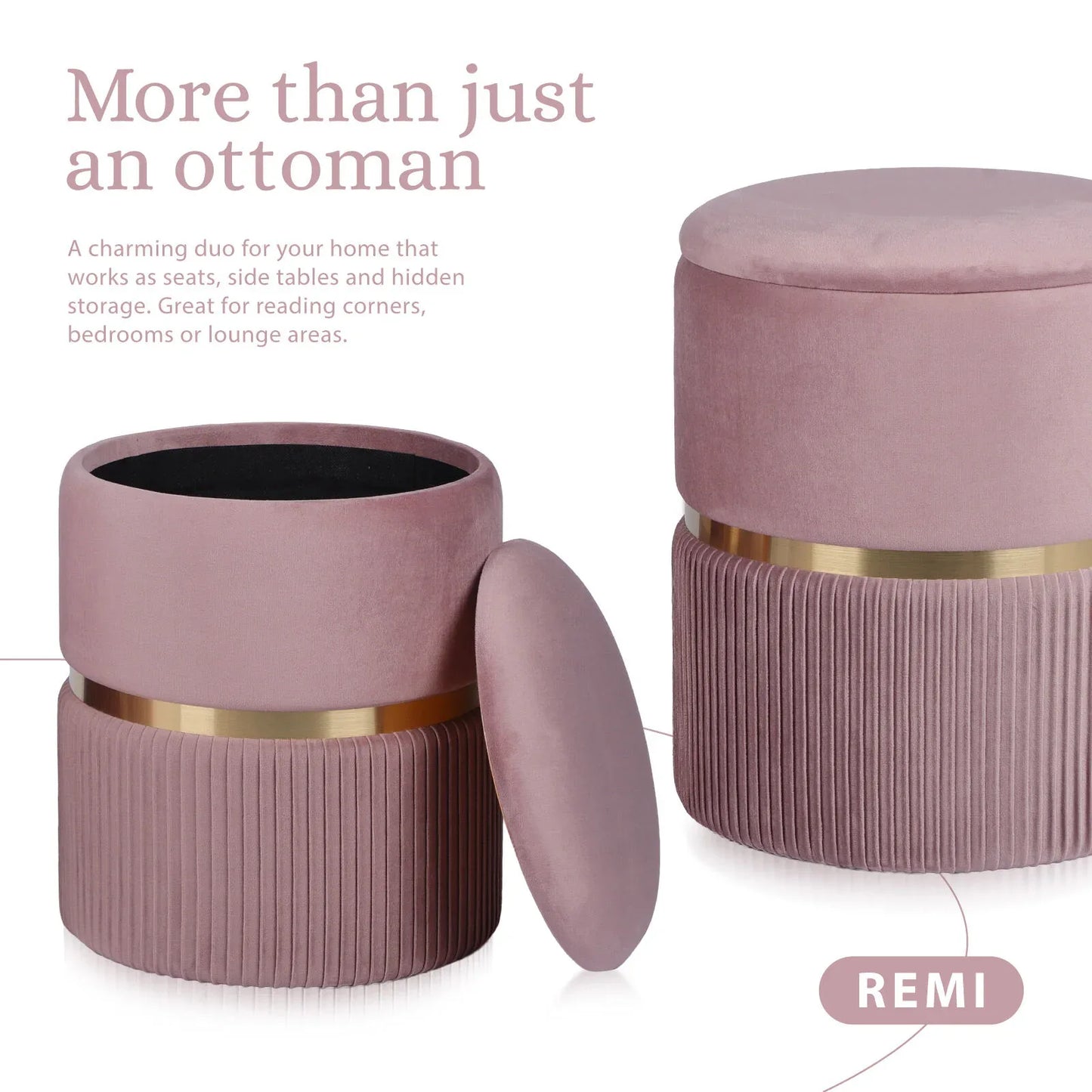 2X Side Table Storage Ottoman - Velvet Padded Stool Vanity Footstool REMI Pink - Mekamart Australia