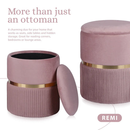 2X Side Table Storage Ottoman - Velvet Padded Stool Vanity Footstool REMI Pink - Mekamart Australia