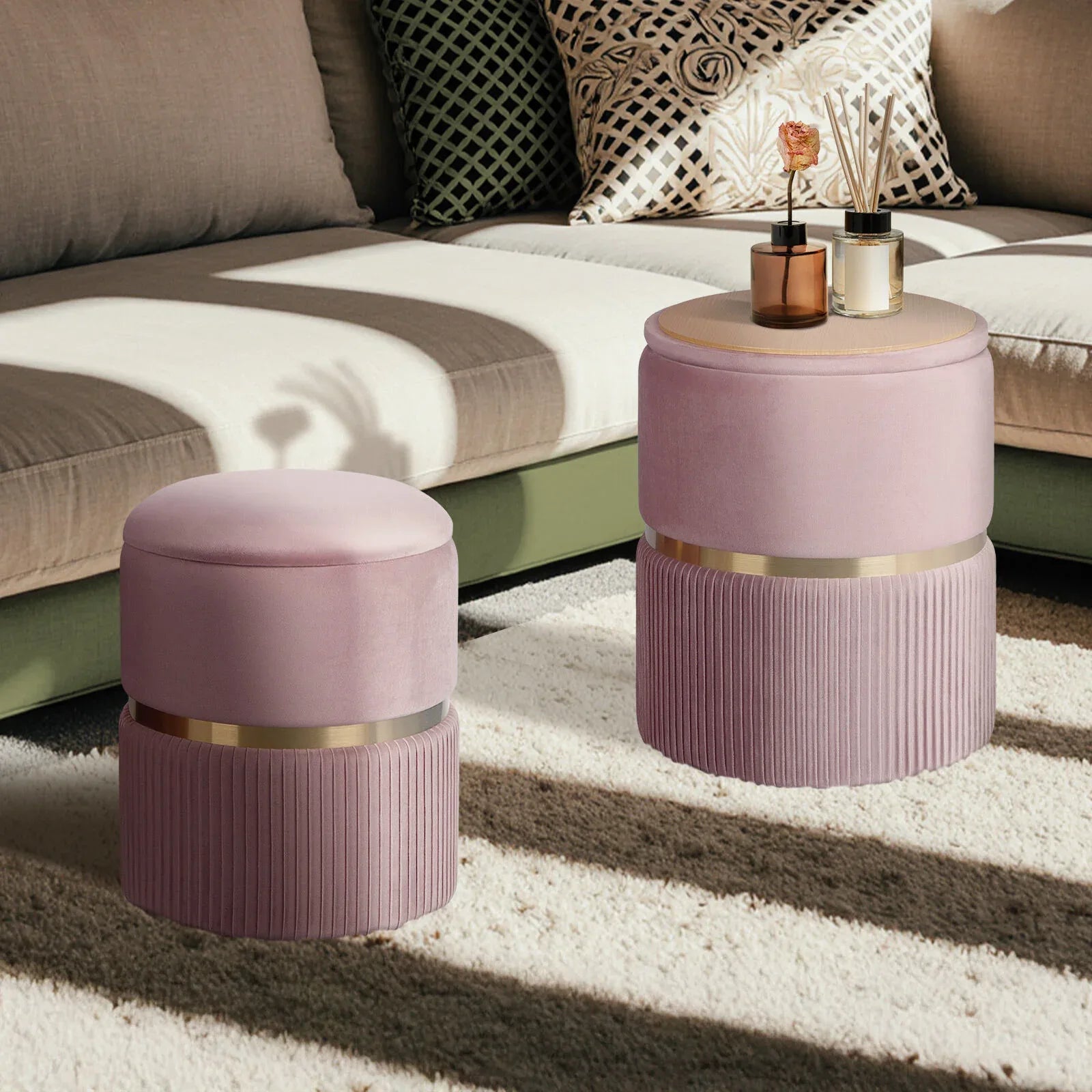 2X Side Table Storage Ottoman - Velvet Padded Stool Vanity Footstool REMI Pink - Mekamart Australia
