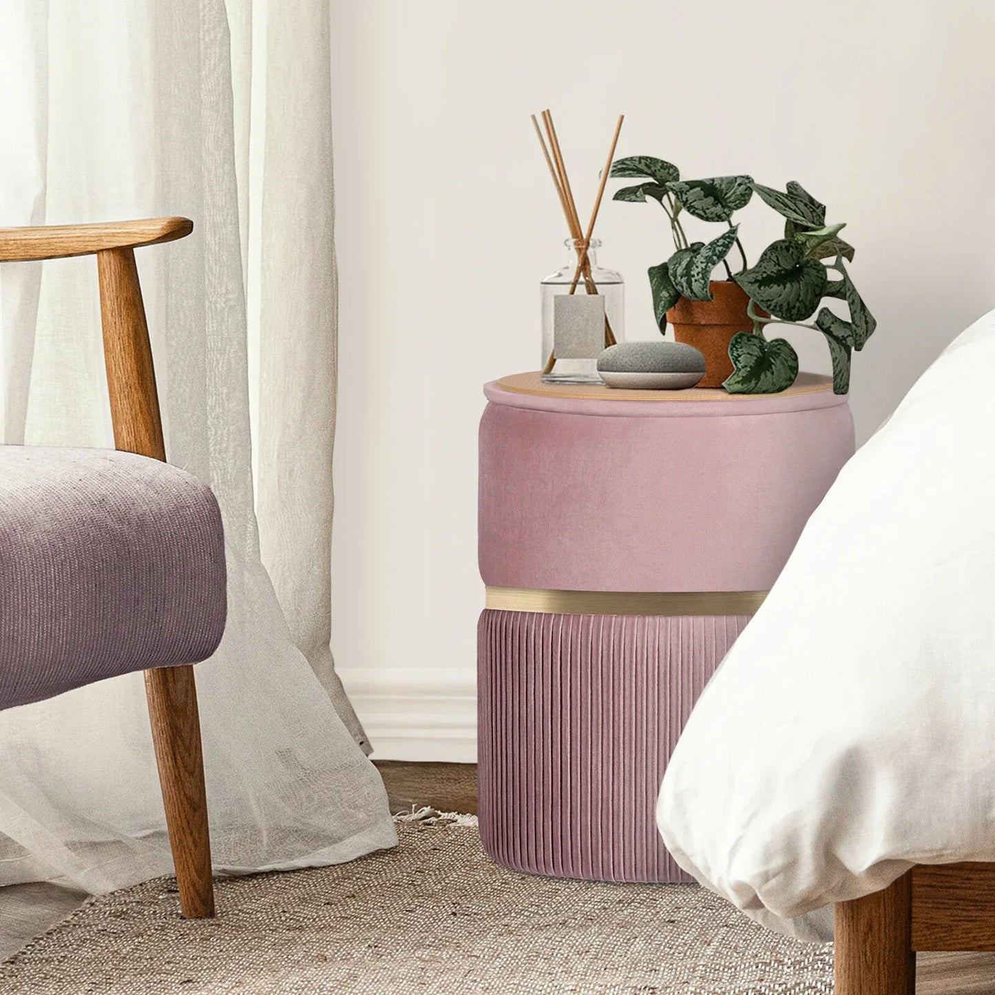 2X Side Table Storage Ottoman - Velvet Padded Stool Vanity Footstool REMI Pink - Mekamart Australia