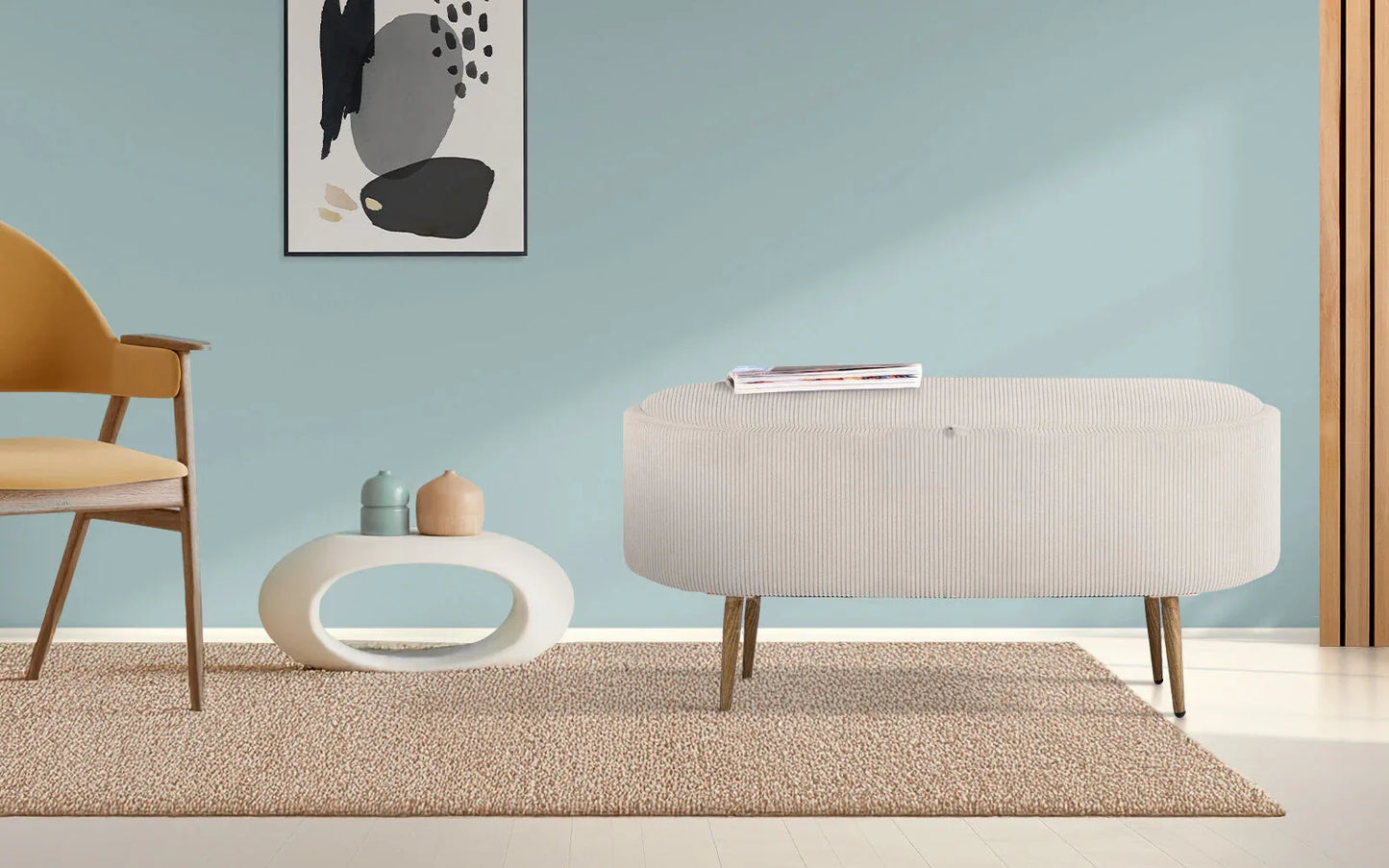 Coffee Table Storage Ottoman - Corduroy Padded Blanket Box Bench ESME CREAM - Mekamart Australia