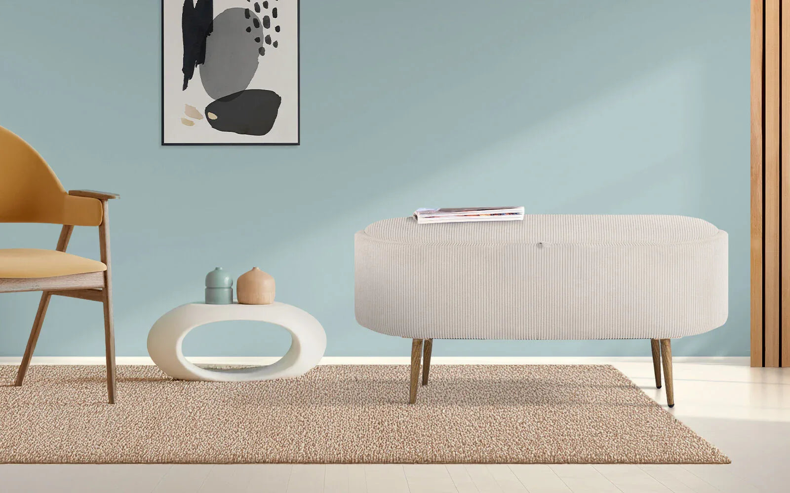 Coffee Table Storage Ottoman - Corduroy Padded Blanket Box Bench ESME CREAM - Mekamart Australia