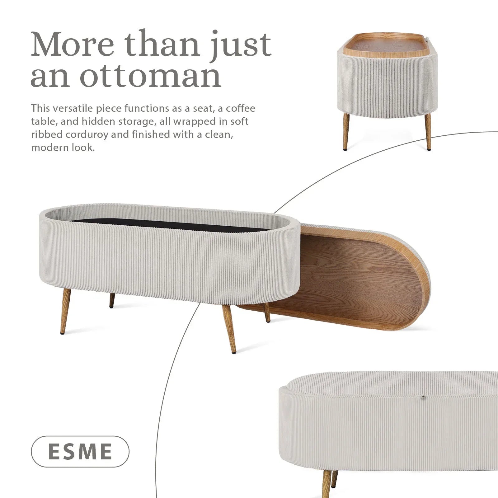 Coffee Table Storage Ottoman - Corduroy Padded Blanket Box Bench ESME CREAM - Mekamart Australia