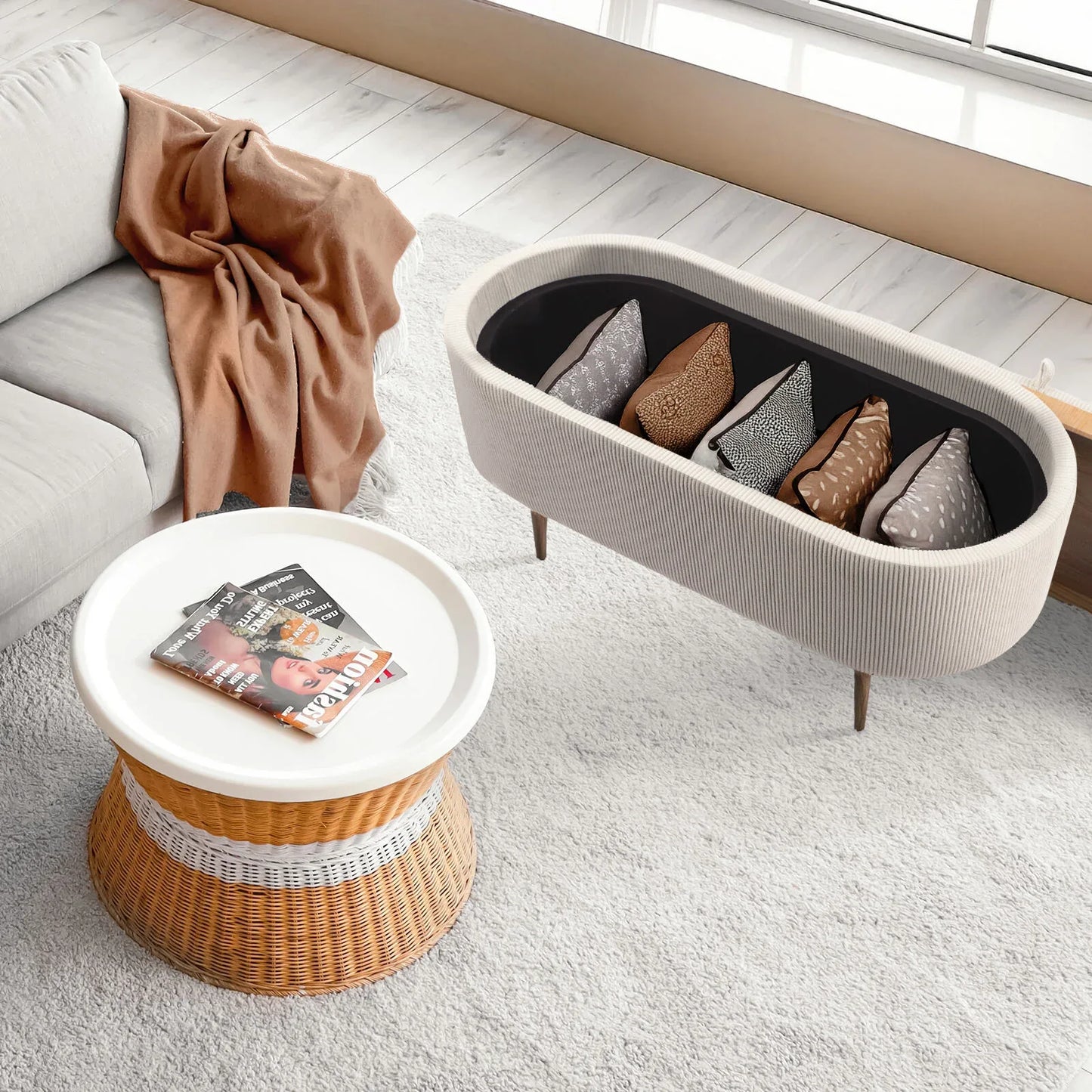 Coffee Table Storage Ottoman - Corduroy Padded Blanket Box Bench ESME CREAM - Mekamart Australia