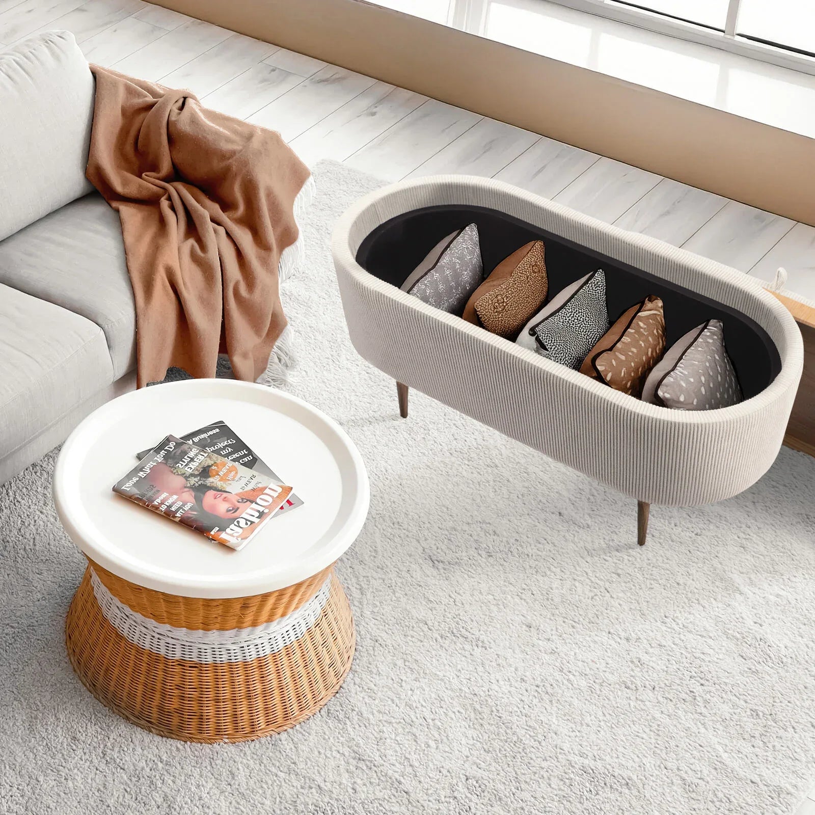 Coffee Table Storage Ottoman - Corduroy Padded Blanket Box Bench ESME CREAM - Mekamart Australia