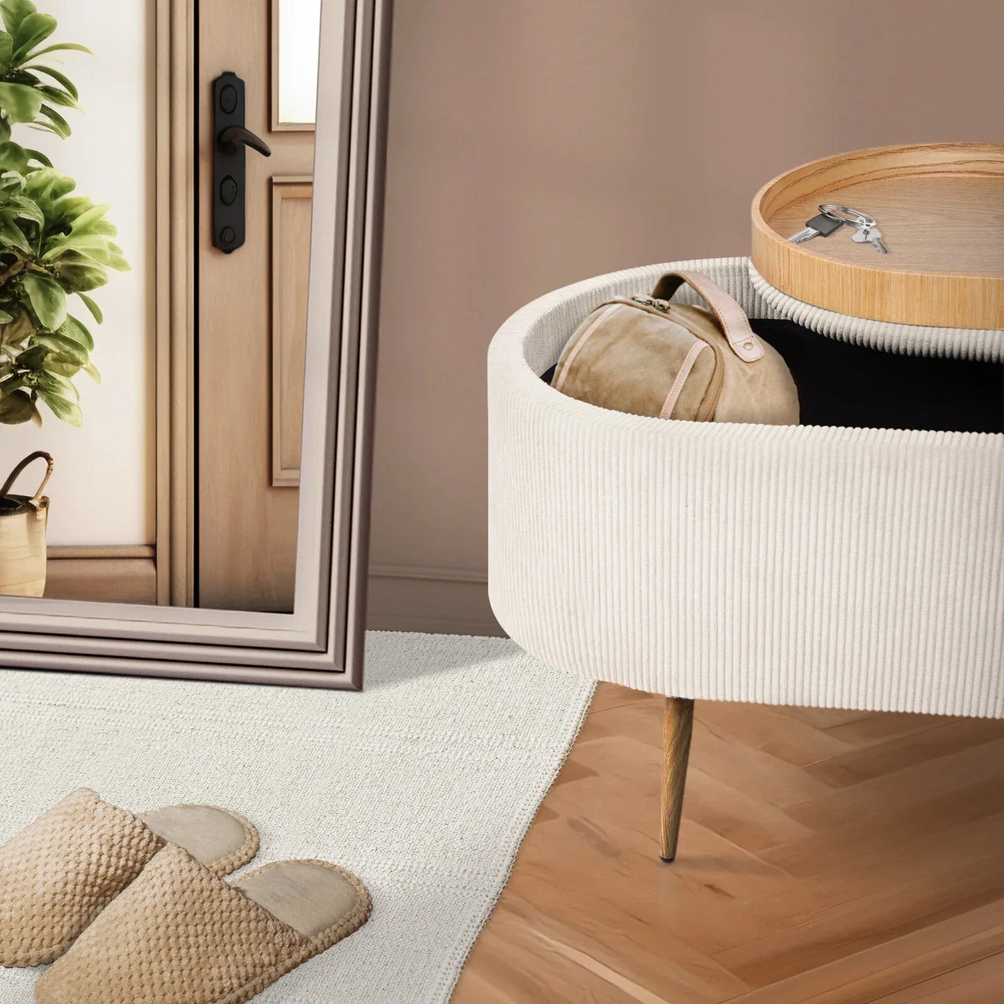 Coffee Table Storage Ottoman - Corduroy Padded Blanket Box Bench ESME CREAM - Mekamart Australia