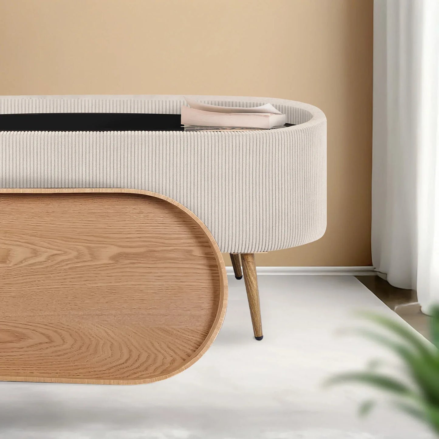 Coffee Table Storage Ottoman - Corduroy Padded Blanket Box Bench ESME CREAM - Mekamart Australia