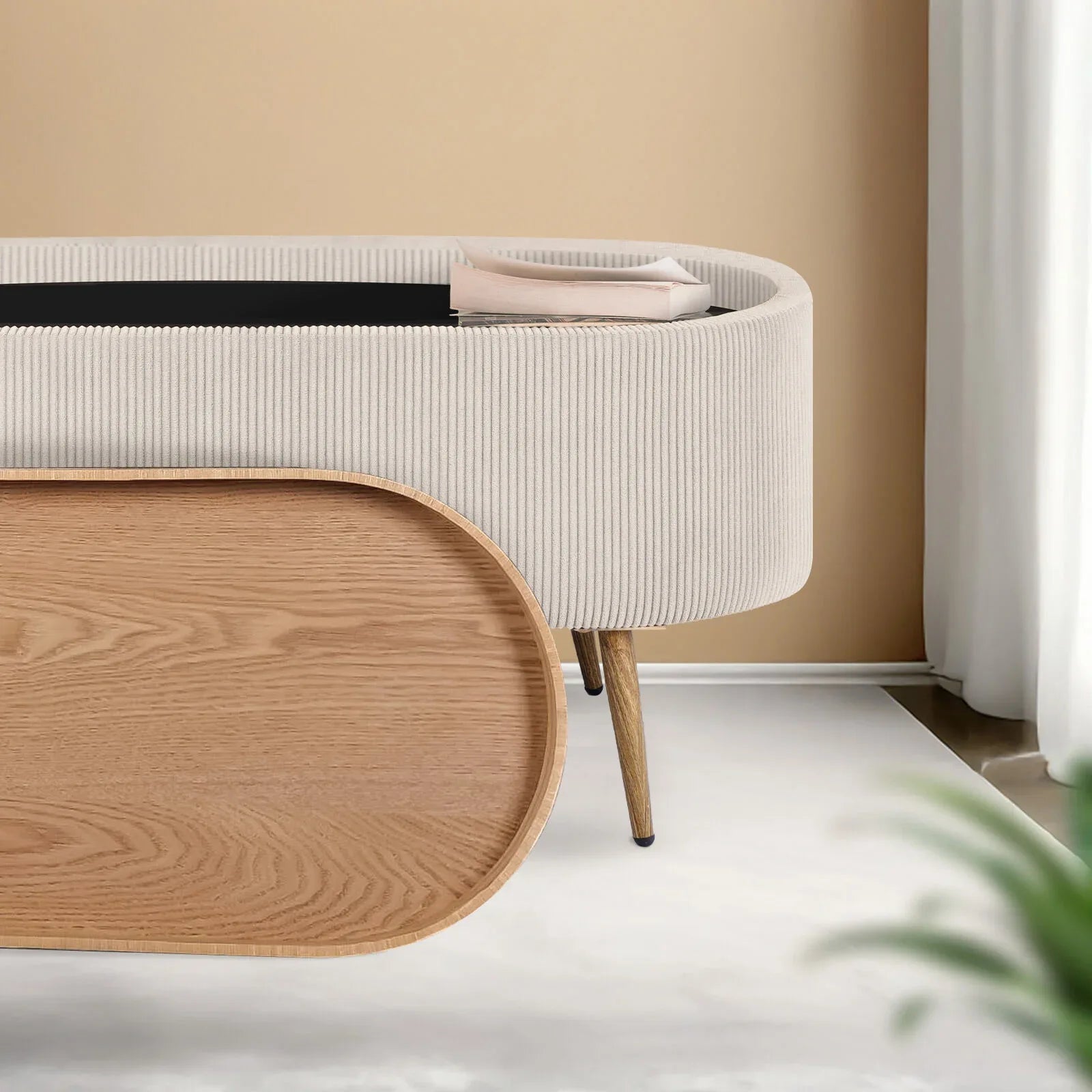 Coffee Table Storage Ottoman - Corduroy Padded Blanket Box Bench ESME CREAM - Mekamart Australia