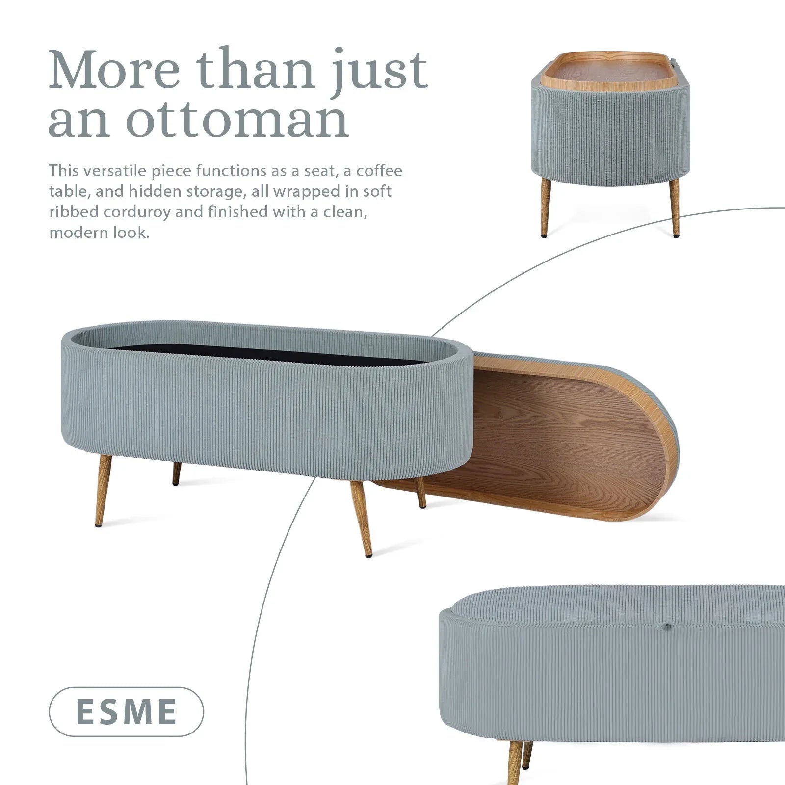 Coffee Table Storage Ottoman - Corduroy Padded Blanket Box Bench ESME - DUSTY BLUE - Mekamart Australia
