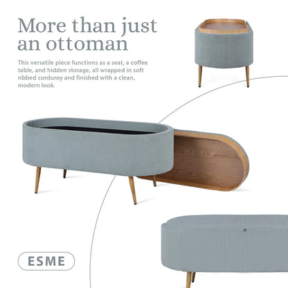 Coffee Table Storage Ottoman - Corduroy Padded Blanket Box Bench ESME - DUSTY BLUE - Mekamart Australia