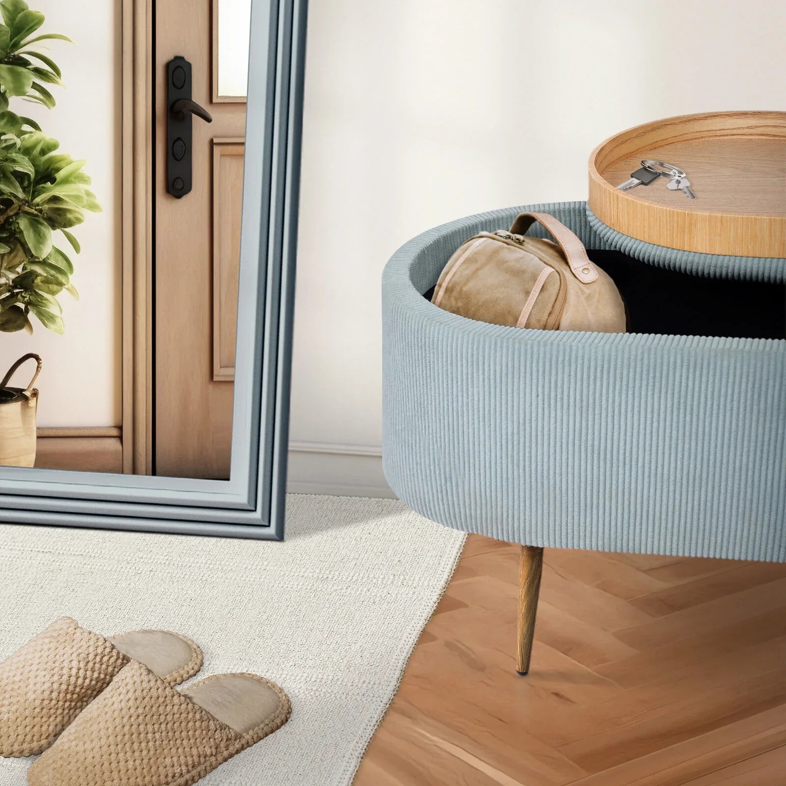 Coffee Table Storage Ottoman - Corduroy Padded Blanket Box Bench ESME - DUSTY BLUE - Mekamart Australia