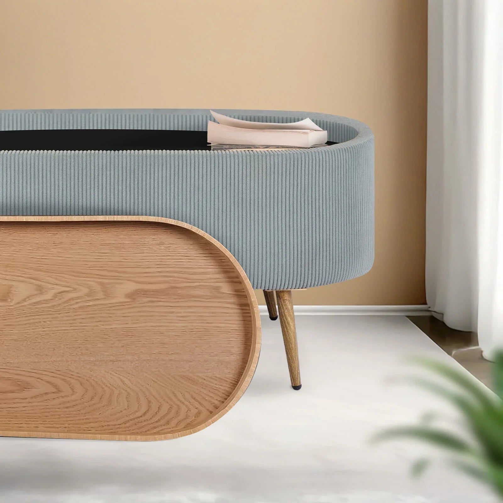 Coffee Table Storage Ottoman - Corduroy Padded Blanket Box Bench ESME - DUSTY BLUE - Mekamart Australia