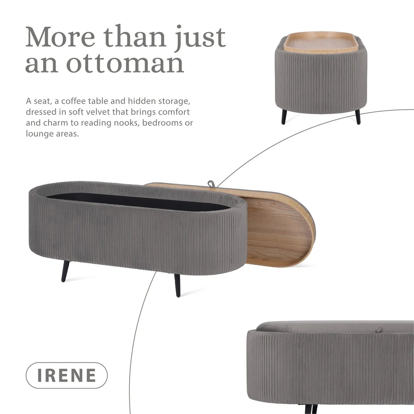 Coffee Table Storage Ottoman - Velvet Padded Blanket Box Bench IRENE GREY - Mekamart Australia