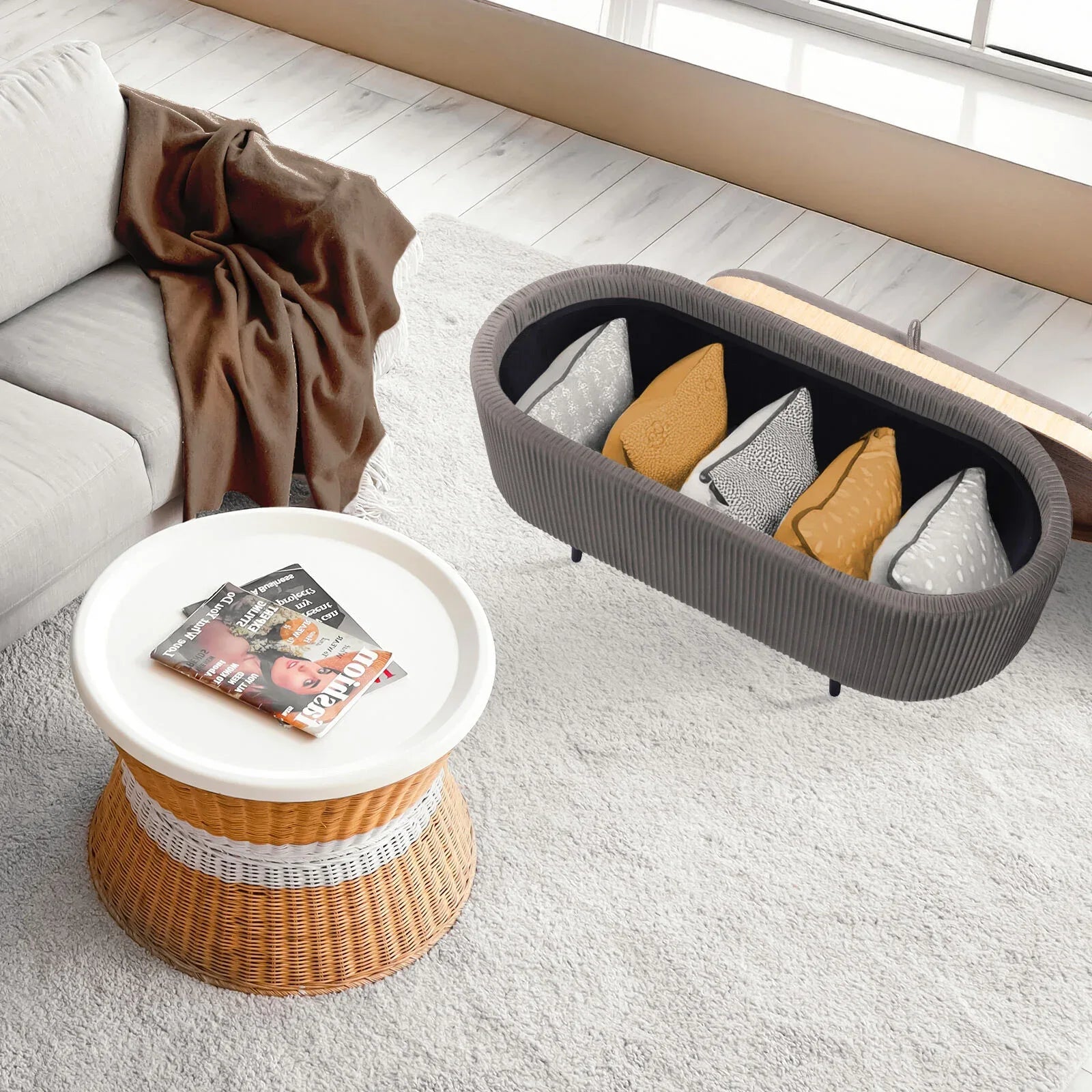 Coffee Table Storage Ottoman - Velvet Padded Blanket Box Bench IRENE GREY - Mekamart Australia