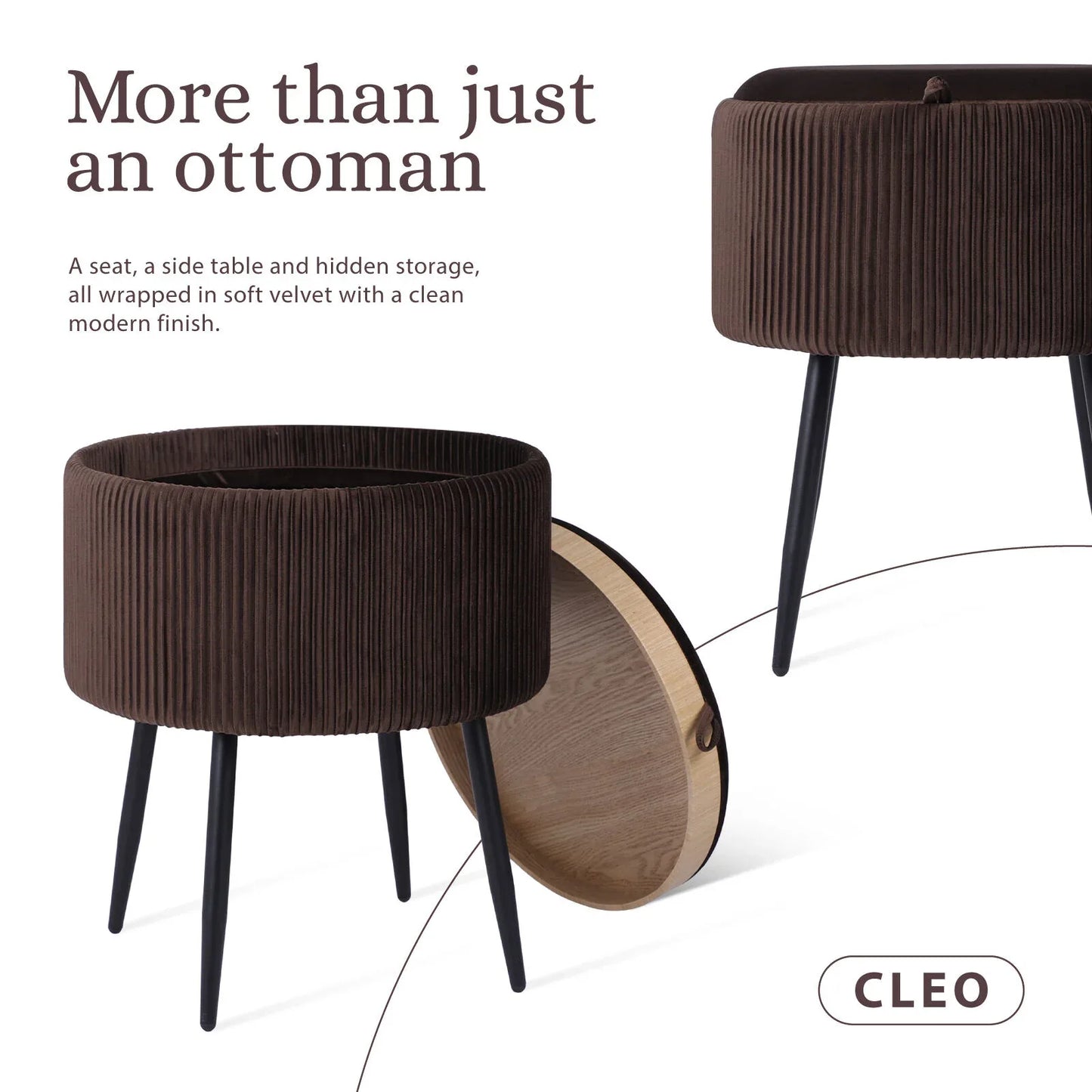 Side Table Storage Ottoman - Velvet Padded Stool Vanity Footstool CLEO BROWN - Mekamart Australia
