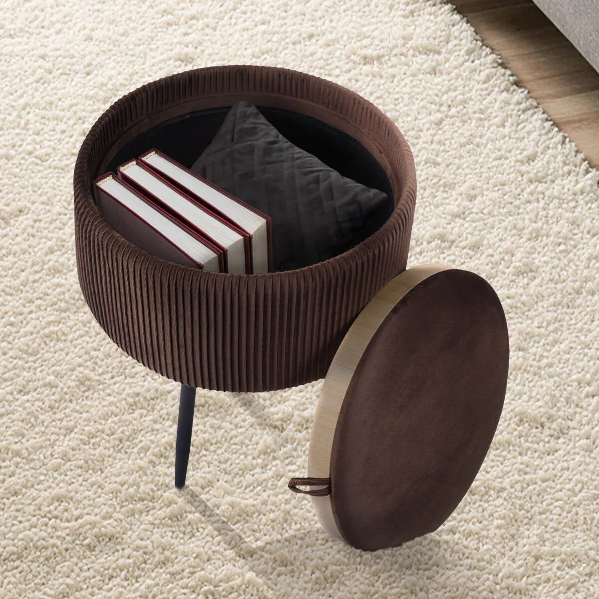 Side Table Storage Ottoman - Velvet Padded Stool Vanity Footstool CLEO BROWN - Mekamart Australia