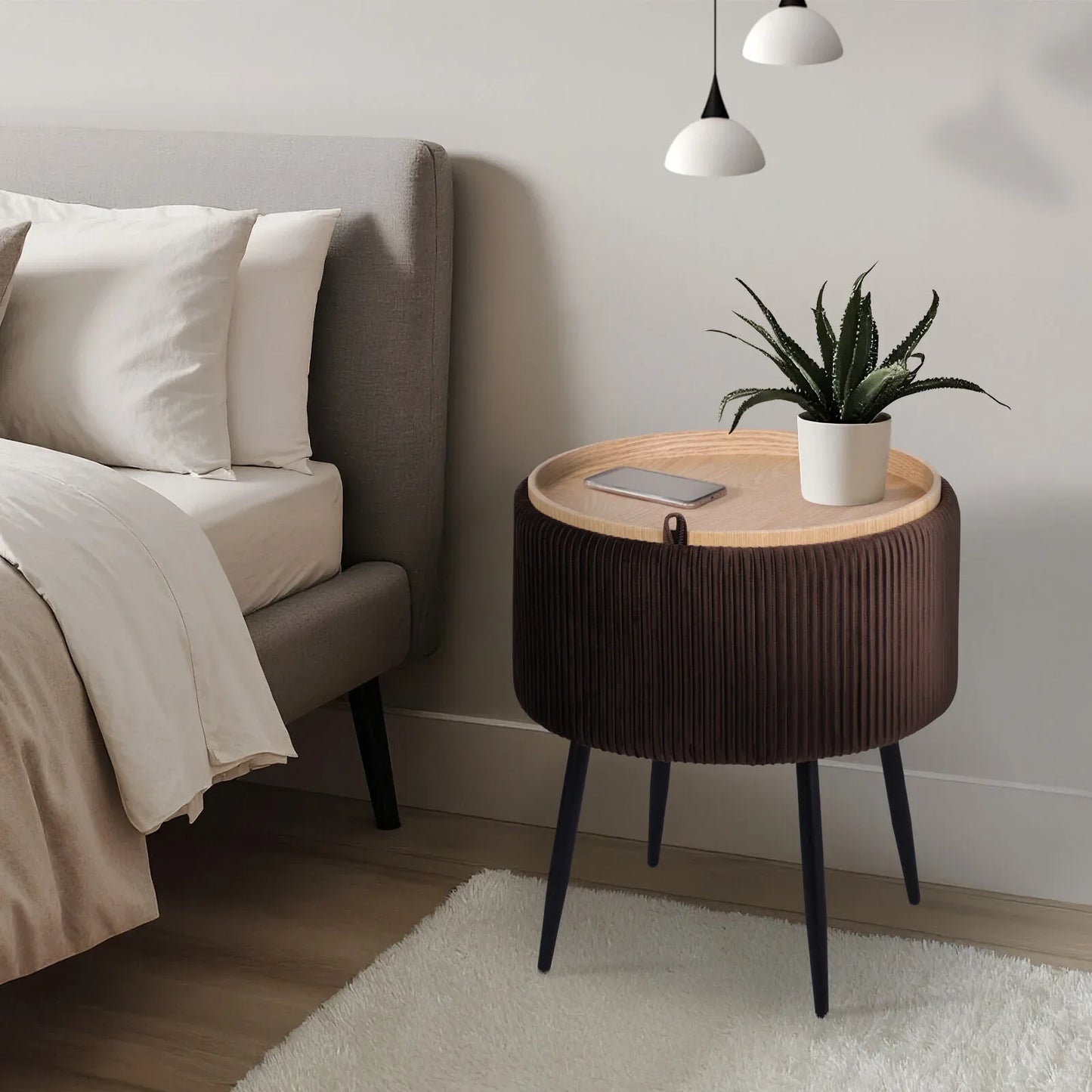 Side Table Storage Ottoman - Velvet Padded Stool Vanity Footstool CLEO BROWN - Mekamart Australia