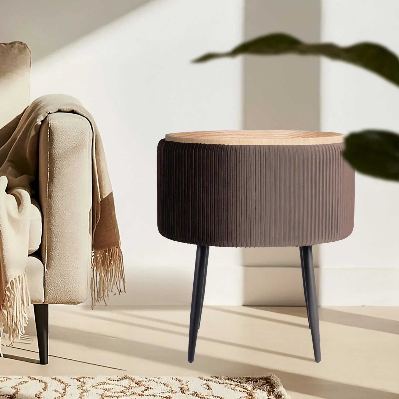 Side Table Storage Ottoman - Velvet Padded Stool Vanity Footstool CLEO BROWN - Mekamart Australia