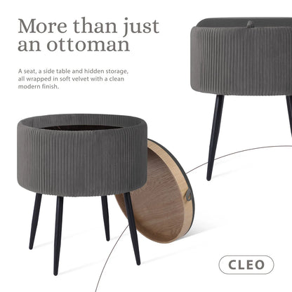 Side Table Storage Ottoman - Velvet Padded Stool Vanity Footstool CLEO GREY - Mekamart Australia