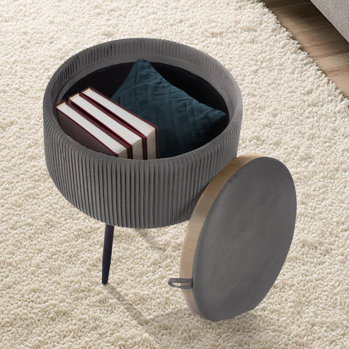 Side Table Storage Ottoman - Velvet Padded Stool Vanity Footstool CLEO GREY - Mekamart Australia