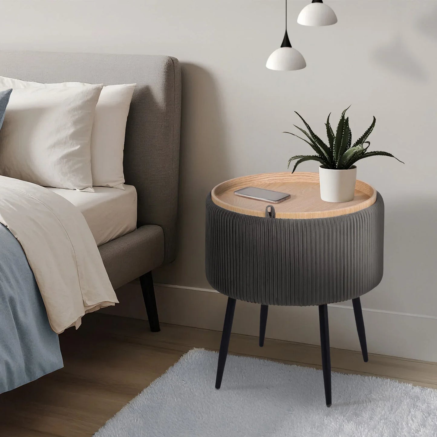 Side Table Storage Ottoman - Velvet Padded Stool Vanity Footstool CLEO GREY - Mekamart Australia