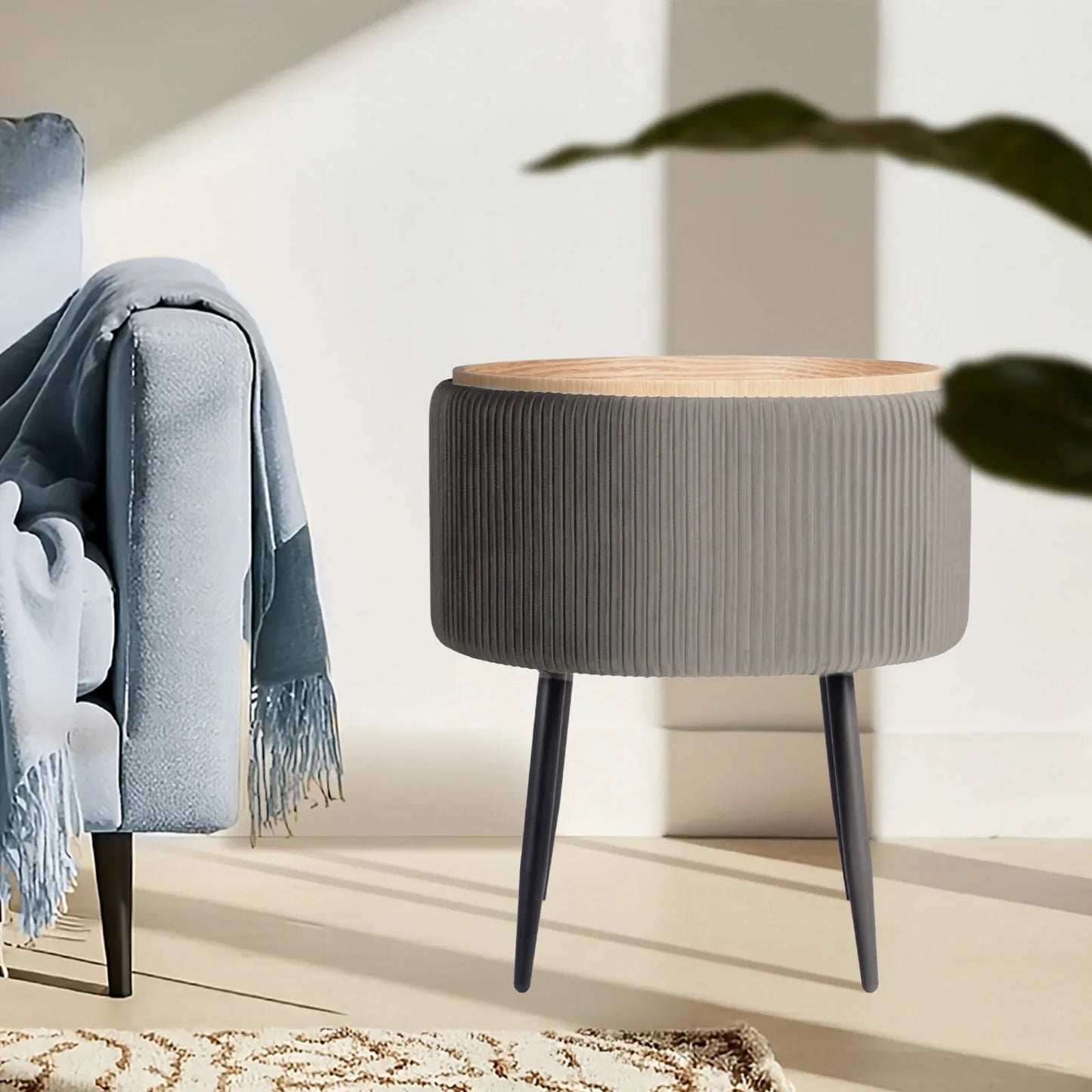 Side Table Storage Ottoman - Velvet Padded Stool Vanity Footstool CLEO GREY - Mekamart Australia