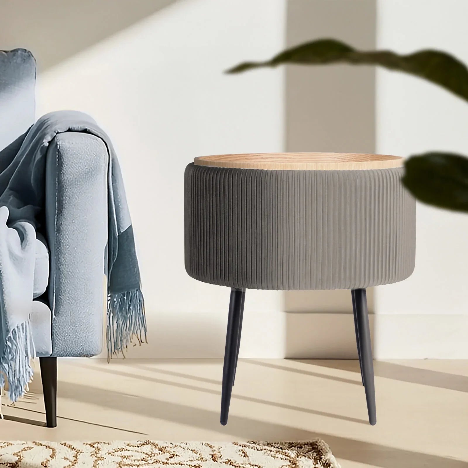 Side Table Storage Ottoman - Velvet Padded Stool Vanity Footstool CLEO GREY - Mekamart Australia