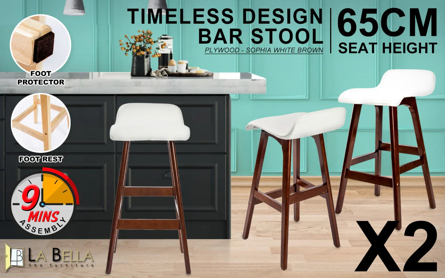 2X Wooden Bar Stool Dining Chair Leather SOPHIA 65cm WHITE BROWN - Mekamart Australia