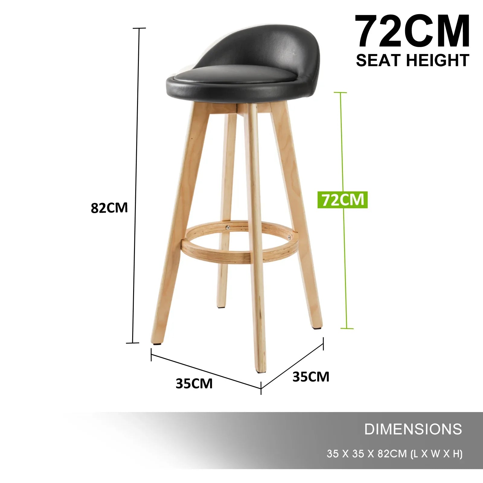 2X Wooden Bar Stool Dining Chair Leather LEILA 72cm BLACK - Mekamart Australia