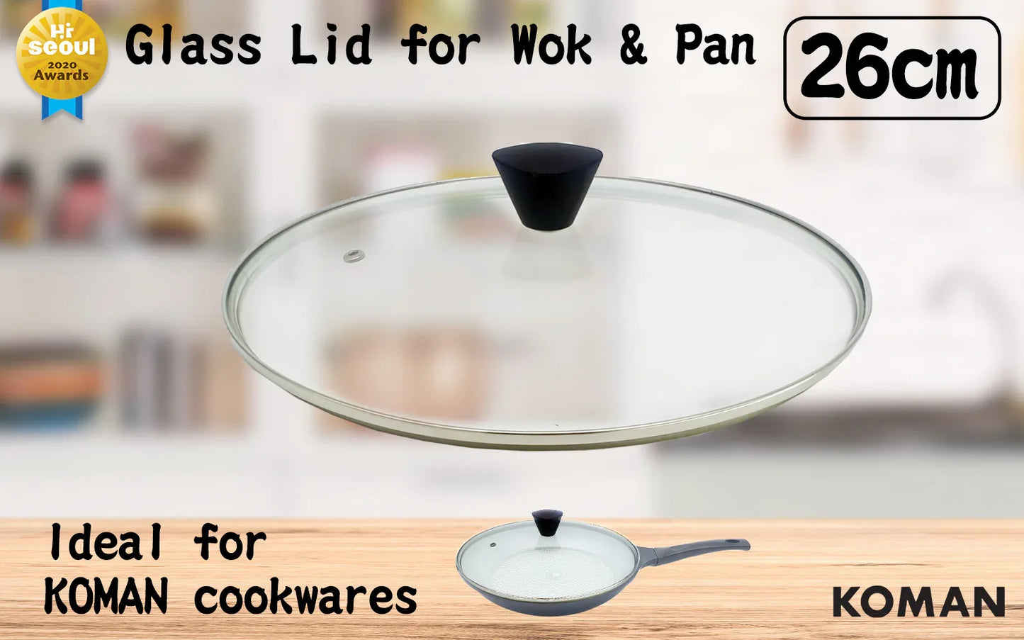 KOMAN Stainless Steel Glass Lid with Bakelite Handle - 26cm - Mekamart Australia