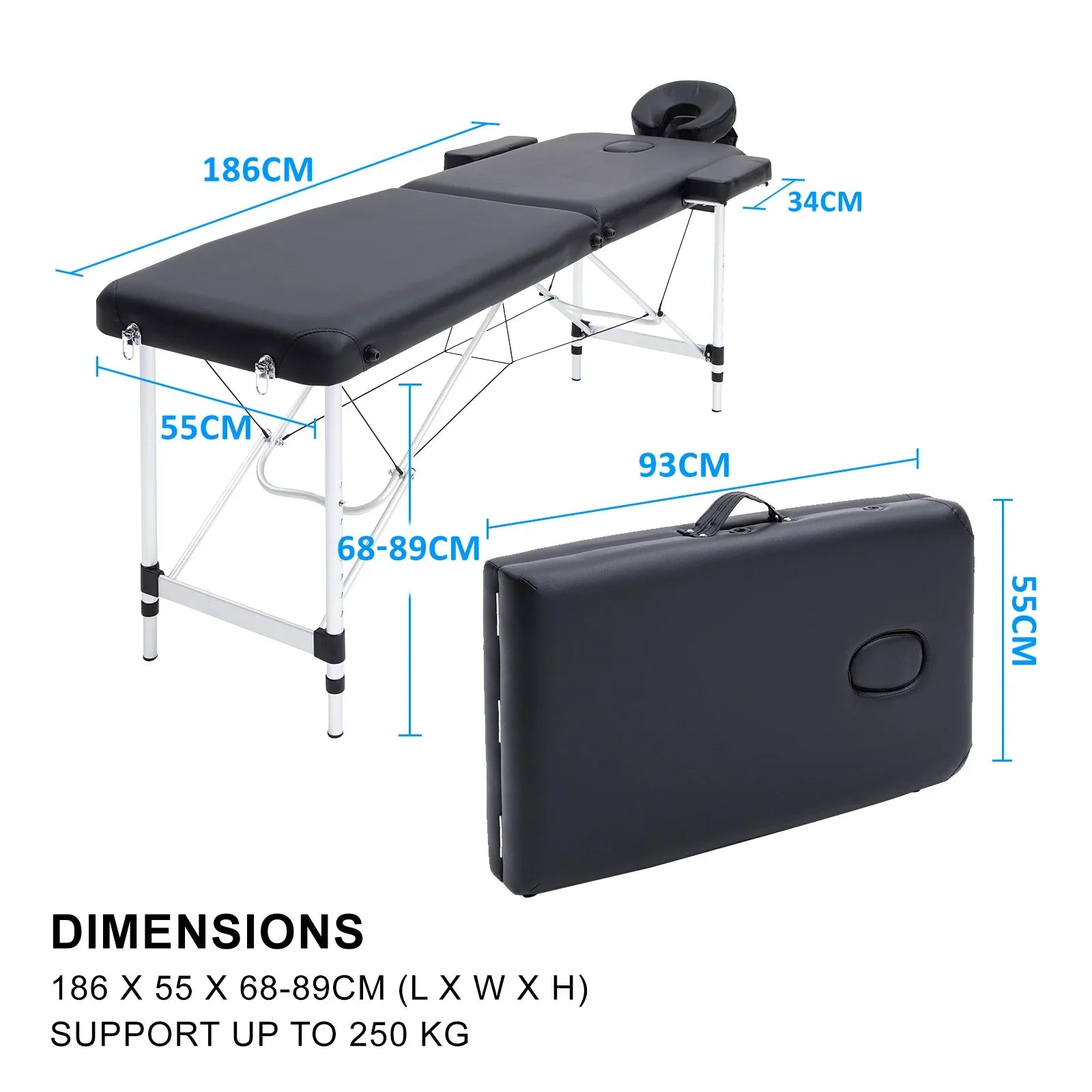 Aluminium Portable Beauty Massage Table Bed 2 Fold 55cm Black - Mekamart Australia