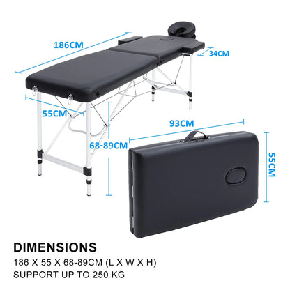 Aluminium Portable Beauty Massage Table Bed 2 Fold 55cm Black - Mekamart Australia