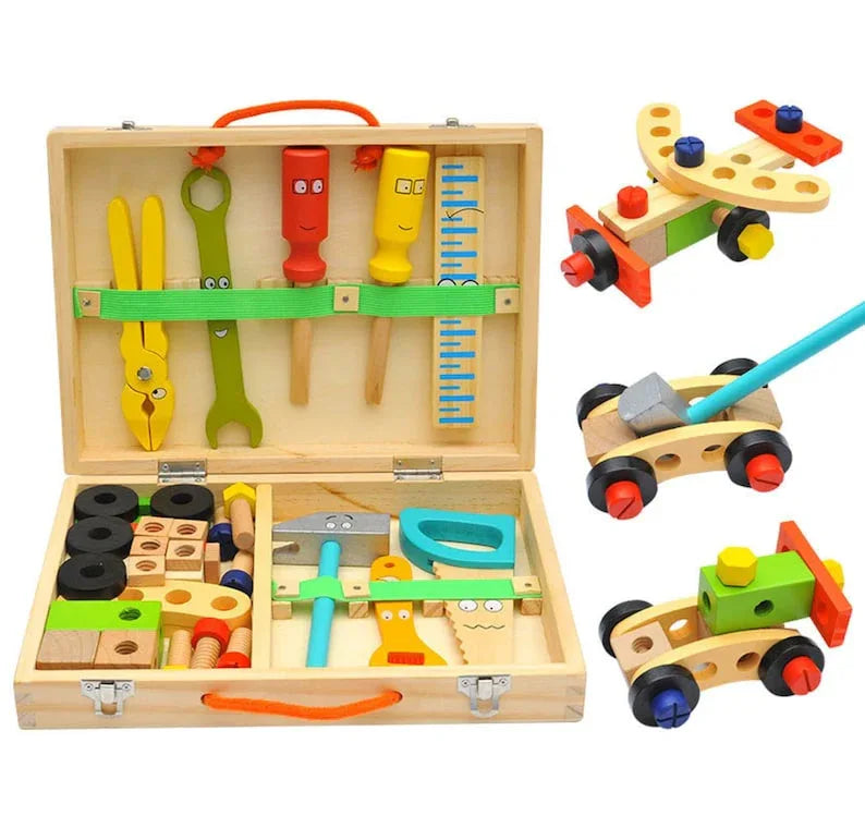 Children's pretend play build fix wood Toolbox Toy, Carpenter Traddie Set For toddlers and kids - Mekamart Australia