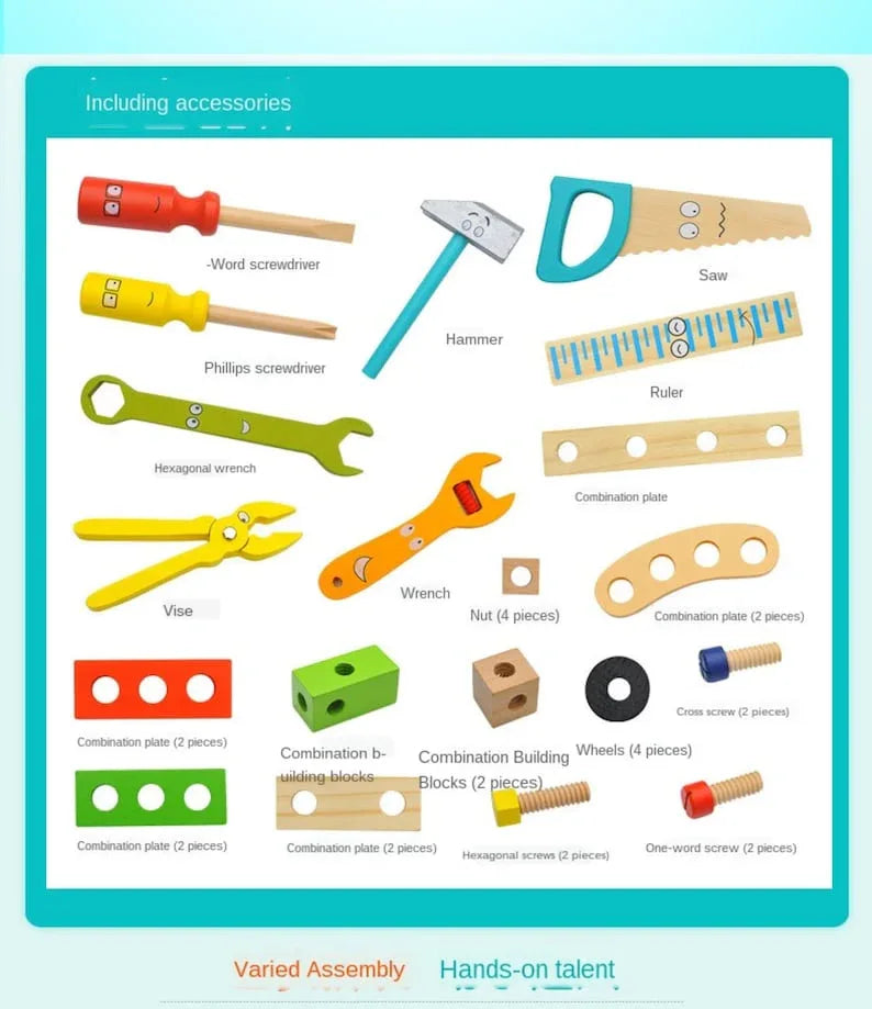 Children's pretend play build fix wood Toolbox Toy, Carpenter Traddie Set For toddlers and kids - Mekamart Australia
