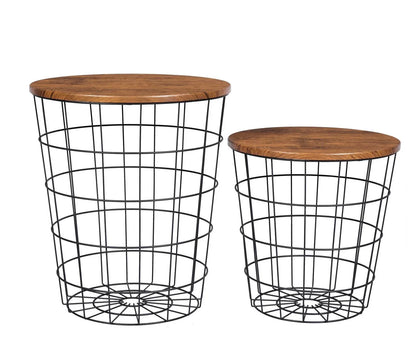 YES4HOMES Vintage Round Coffee Tables Set of 2 Side Tables Robust Steel Frame for Living Room Bedroom Rustic Brown and Black - Mekamart Australia