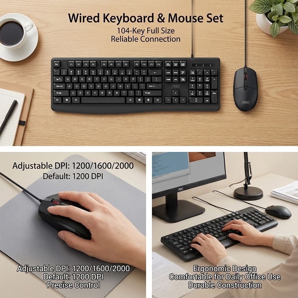 AOC KM170B/97 Wired Home & Office Keyboard + Mouse Combo 1.5M cables Black