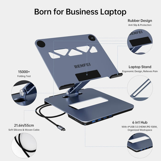 BENFEI 380GY Laptop Stand with USB C 6 in1 4K@60Hz HDMI, 4 x USB3.0, 100W PD Docking Station