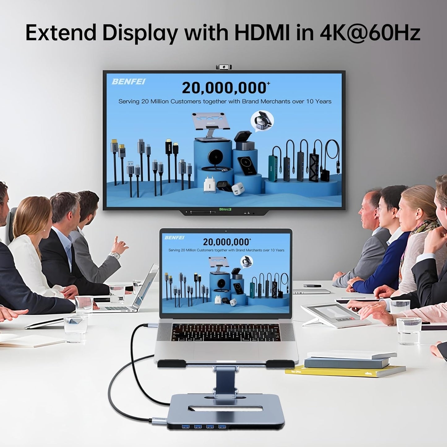 BENFEI 380GY Laptop Stand with USB C 6 in1 4K@60Hz HDMI, 4 x USB3.0, 100W PD Docking Station