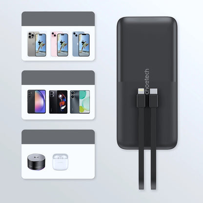 CHOETECH B654 10000mAh Pwer Bank 22.5W USB-A / USB-C / micro USB with built-in USB-C / Lightning cable - black