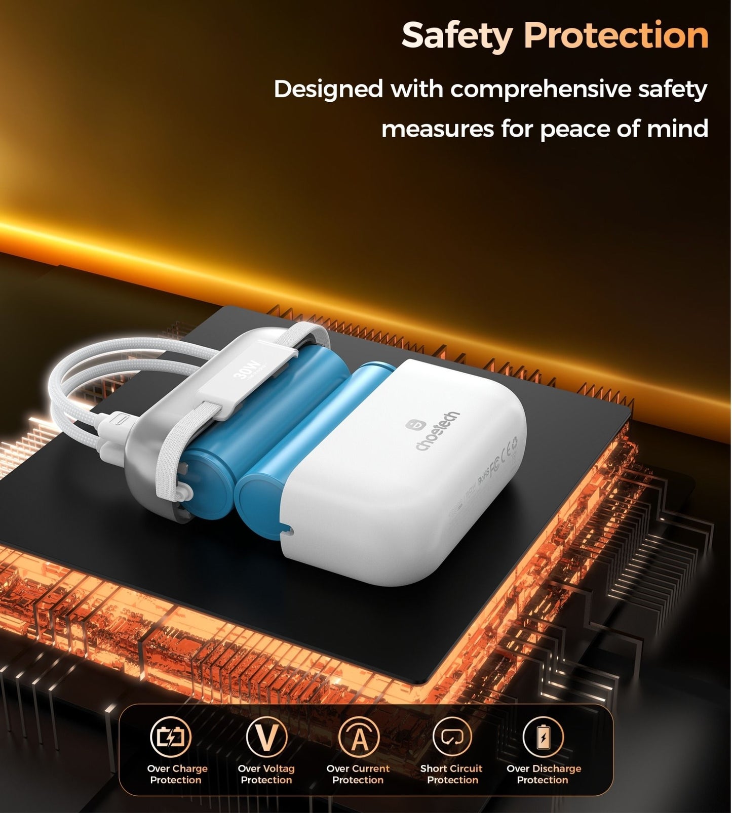 CHOETECH B812-SL WH Mini Bag Digital CCC Certified 10000mAh 30W Fast Charging Power Bank Gold with USB-C + 8-pin iPhone Cables
