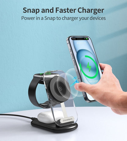 CHOETECH T618-F-BK 3-in-1 15W MagSafe Wireless fast Charger Stand for iPhone i-Watch AirPods w/ Ambient Light